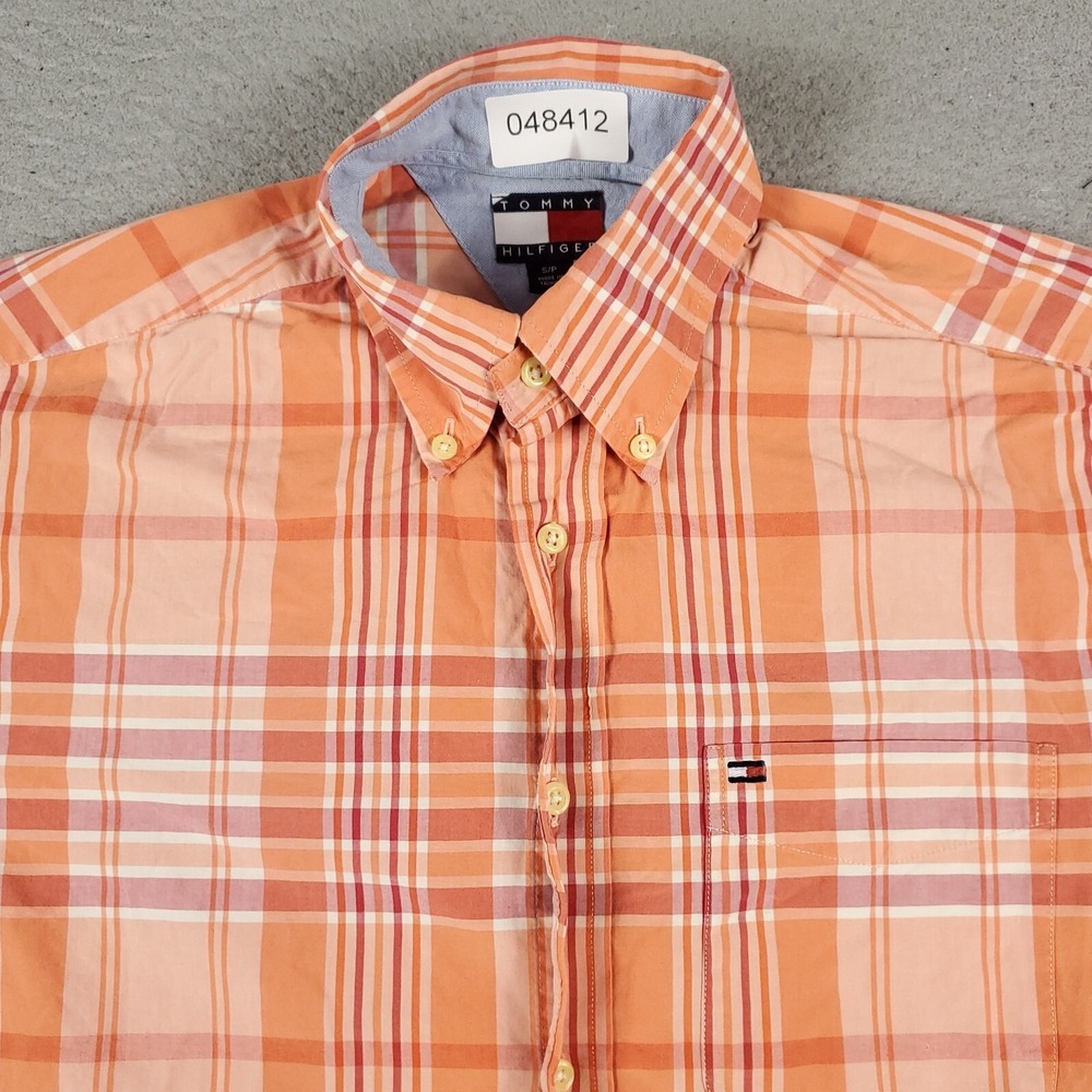 Tommy Hilfiger Shirt Mens Small Orange Plaid Casual Button Up Short Sleeve